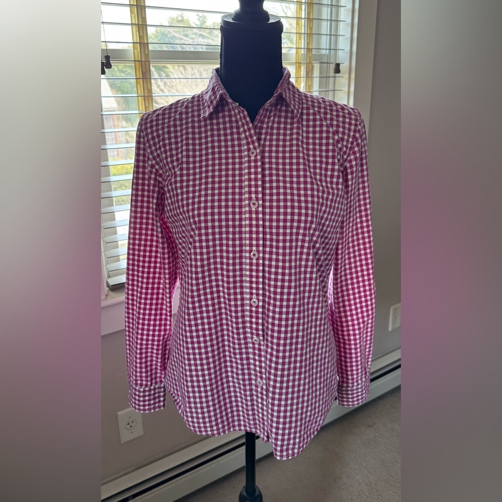 C Wonder pink cotton checkered fitted long sleeve button down shirt‎ women’s M